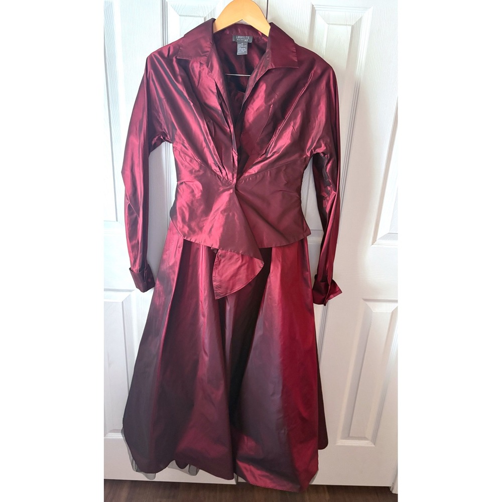 VTG Y2K Lafayette 148 100% Silk Iridescent Burgundy Taffeta Jacket Skirt Set 6